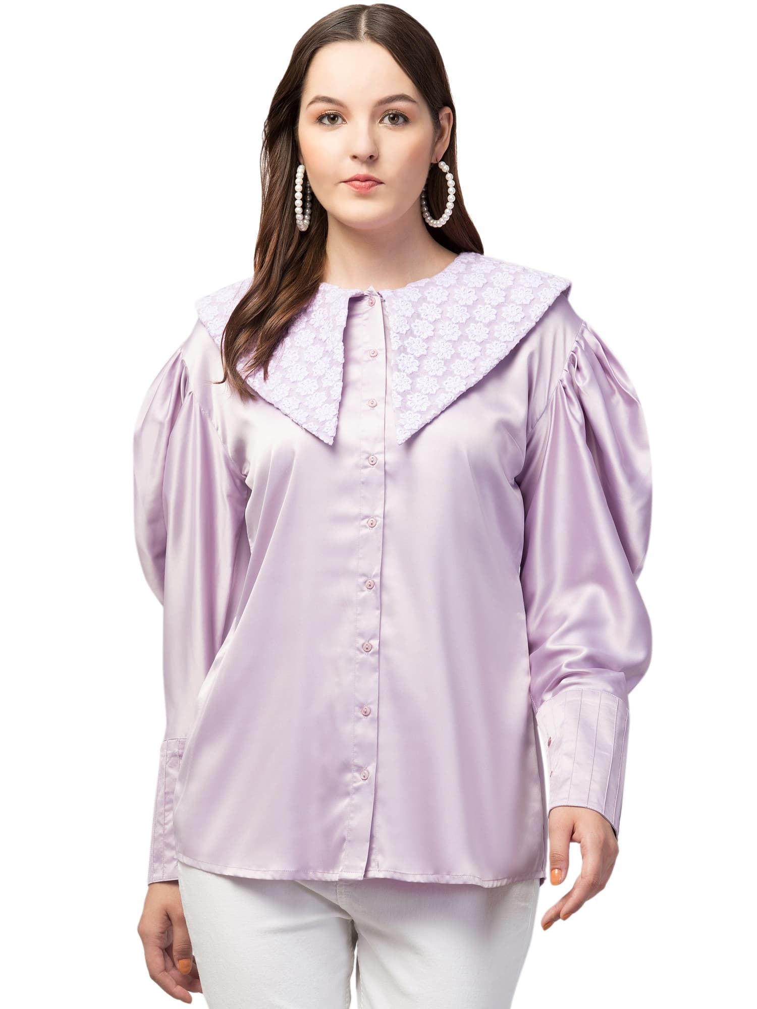 Lilac satin blouse with bertha collar