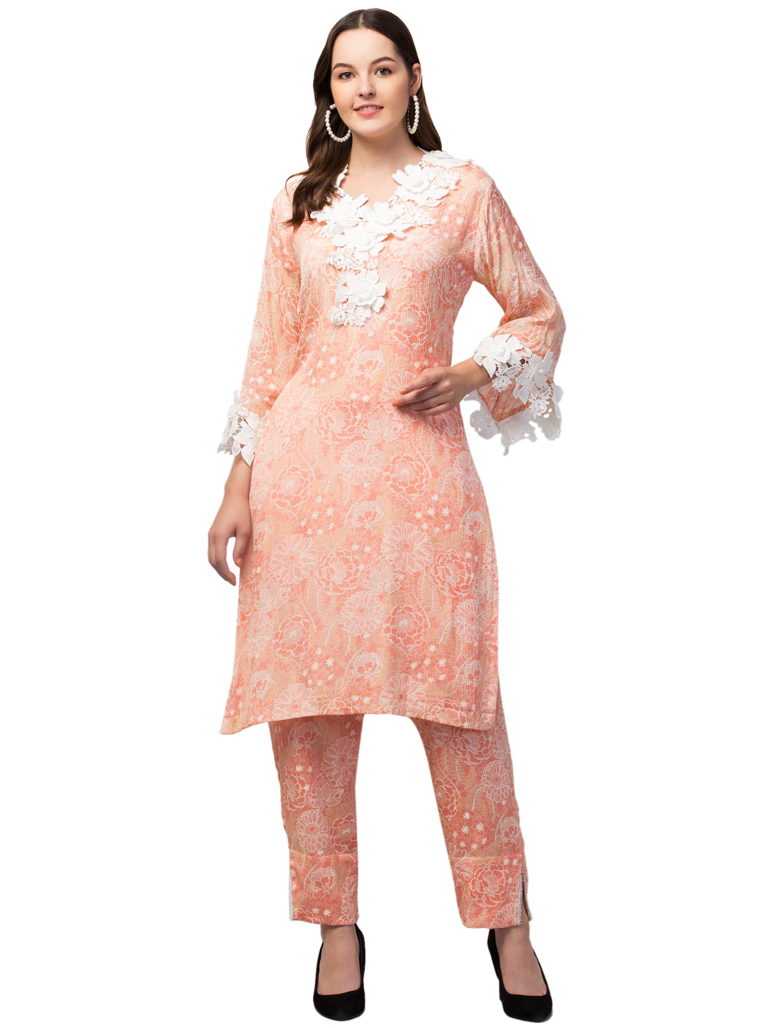 Peach georgette straight kurta with heavy white lace detailing